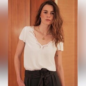 SEZANE Annabella white silk scalloped edge blouse size 4